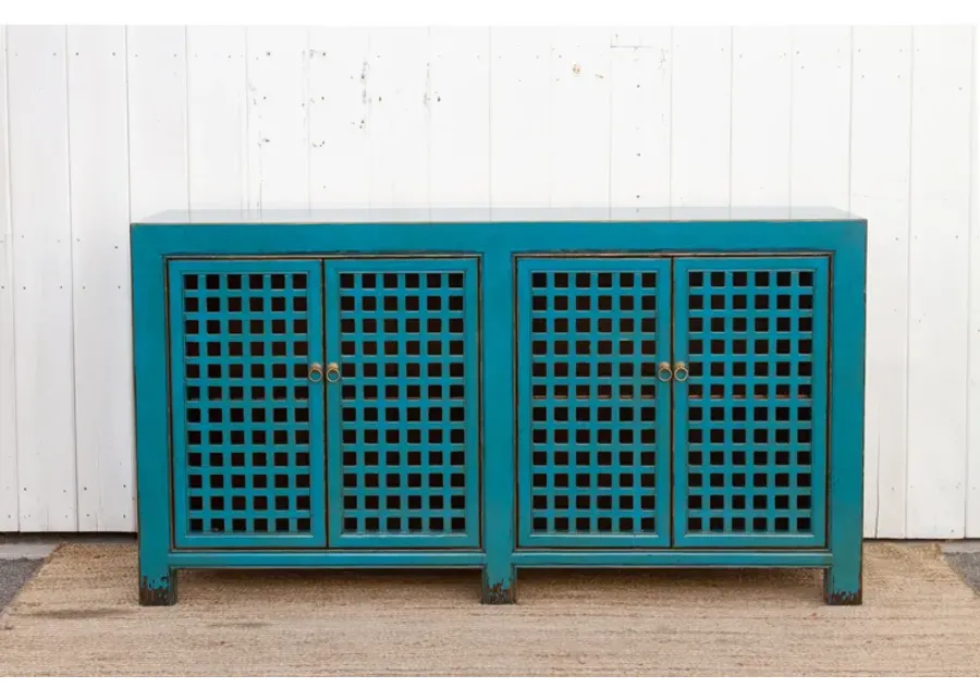 Long Painted Blue Lattice Sideboard