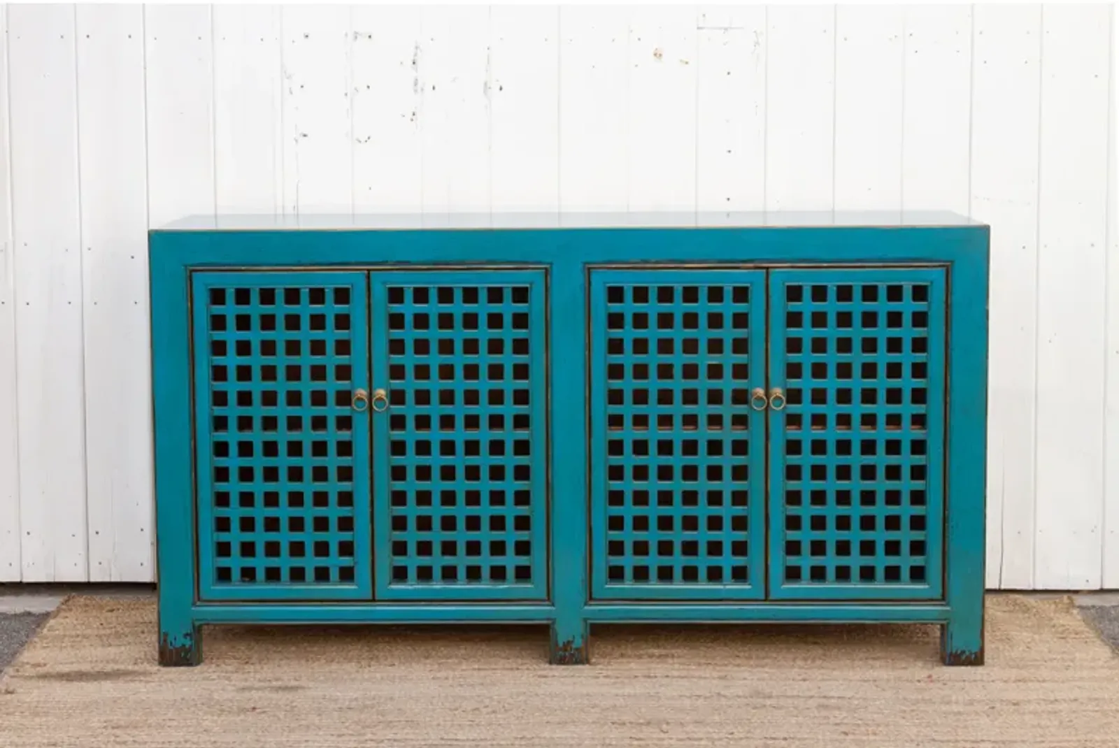 Long Painted Blue Lattice Sideboard