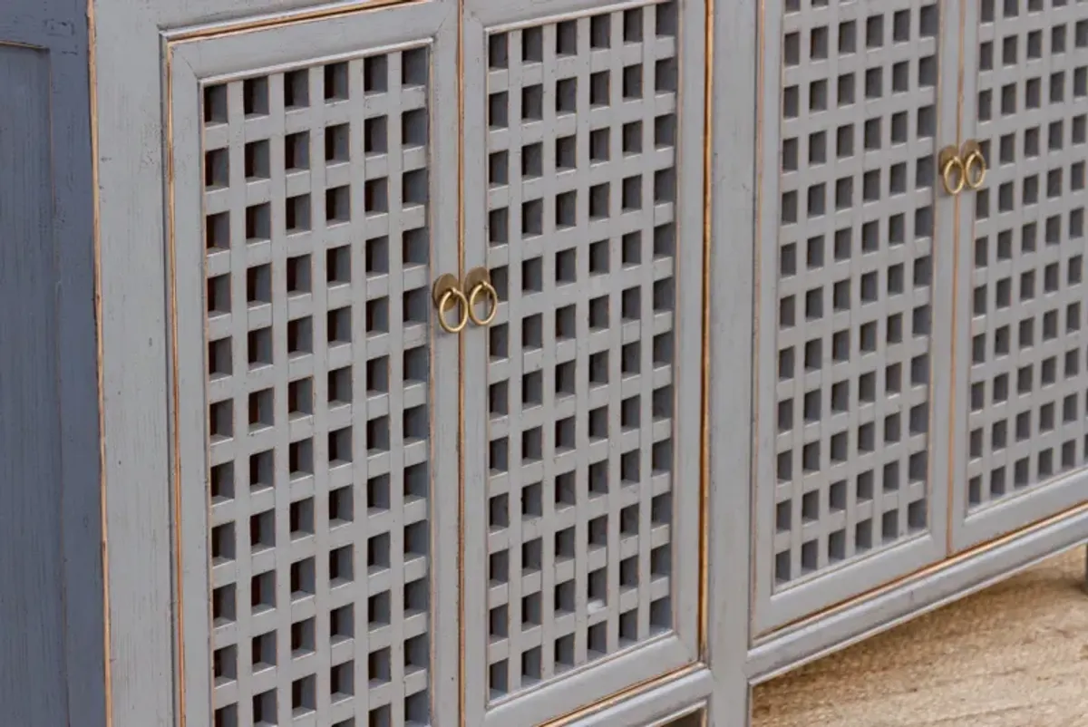 Long Painted Gray Lattice Credenza