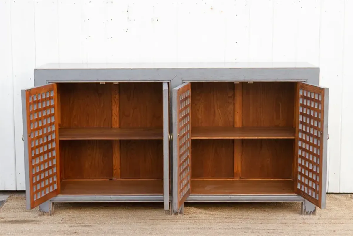 Long Painted Gray Lattice Credenza