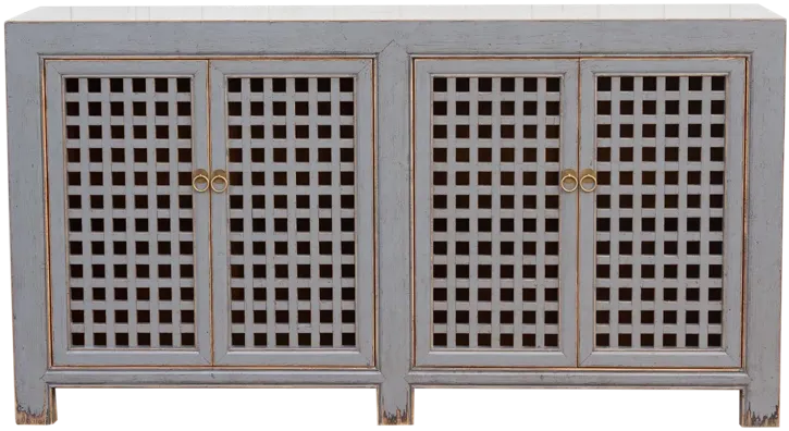 Long Painted Gray Lattice Credenza