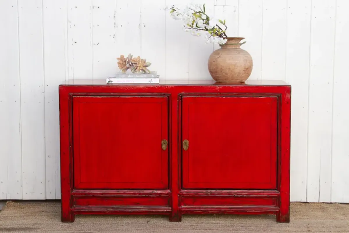 Asian Poppy Red Painted Cabinet