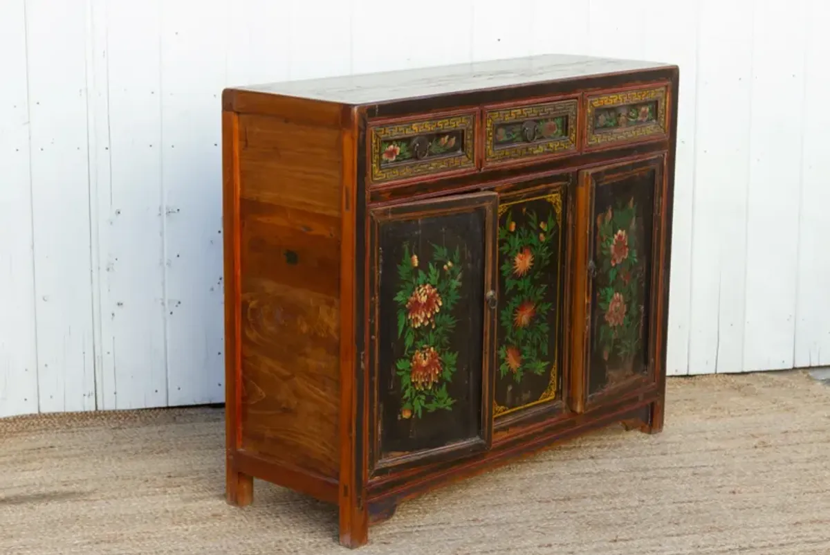 Antique Floral Black Mongolian Cabinet