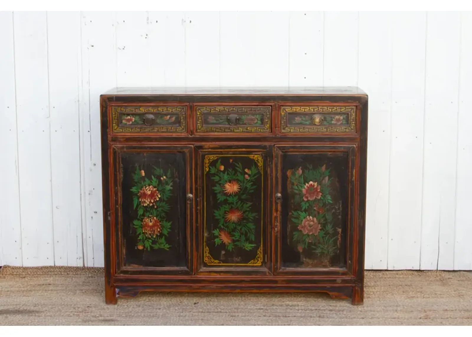 Antique Floral Black Mongolian Cabinet