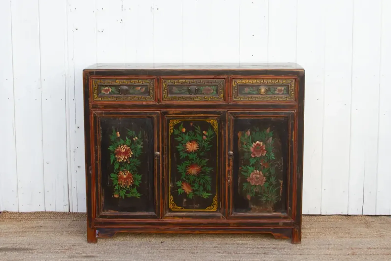 Antique Floral Black Mongolian Cabinet