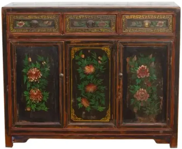Antique Floral Black Mongolian Cabinet - de-cor