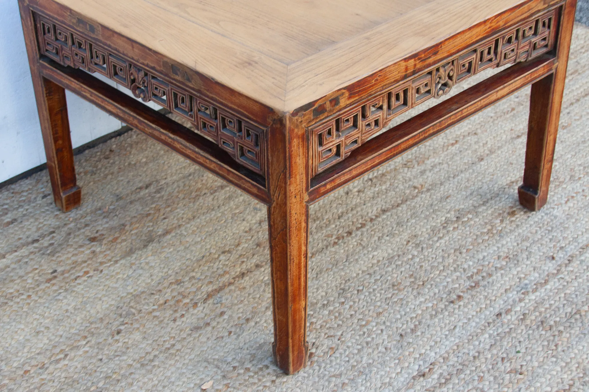 Finely Carved Antique Elm Coffee Table