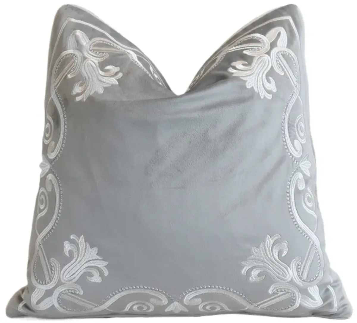 White Embroidered Gray Velvet Pillow