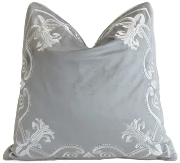 White Embroidered Gray Velvet Pillow