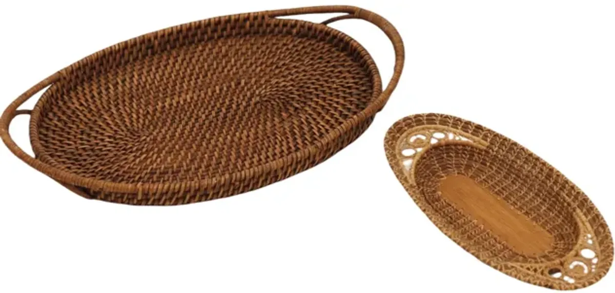 Rattan & Pine Needle Serving Trays Set of 2