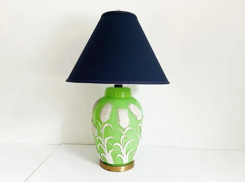 Midcentury Palm Ginger Jar Lamp w/Shade