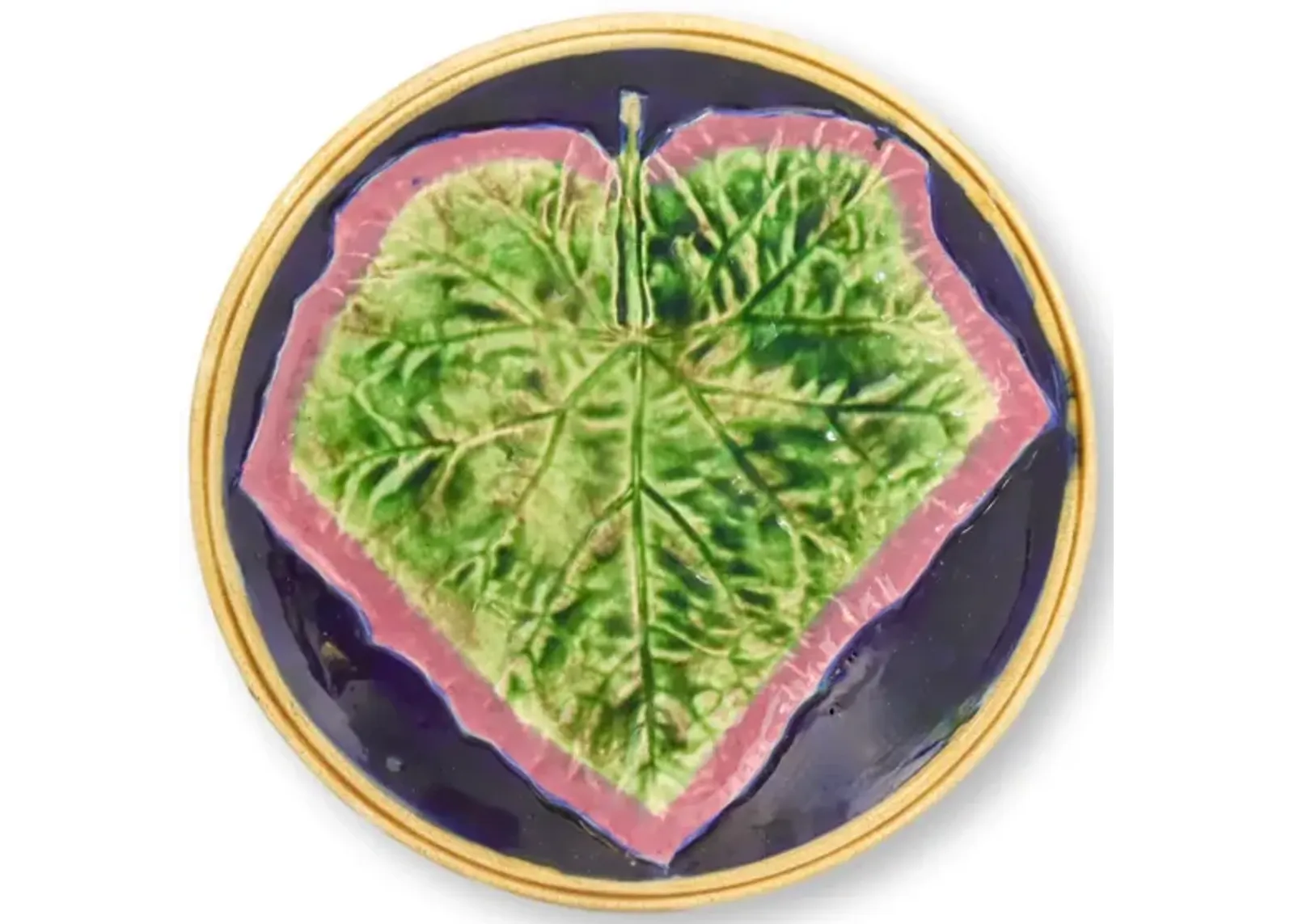 Antique Majolica Cobalt Leaf Plate - Brown