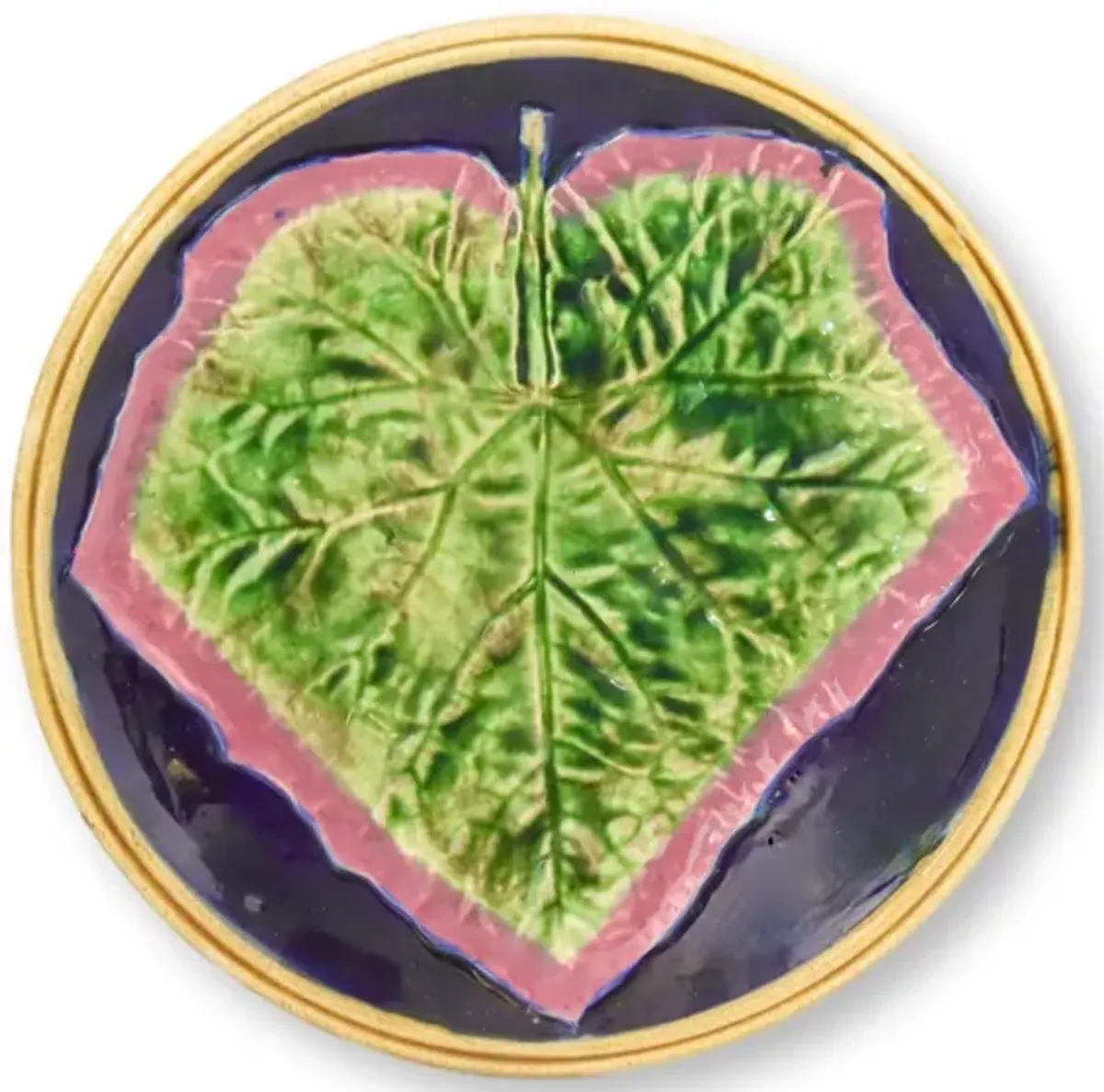 Antique Majolica Cobalt Leaf Plate - Brown