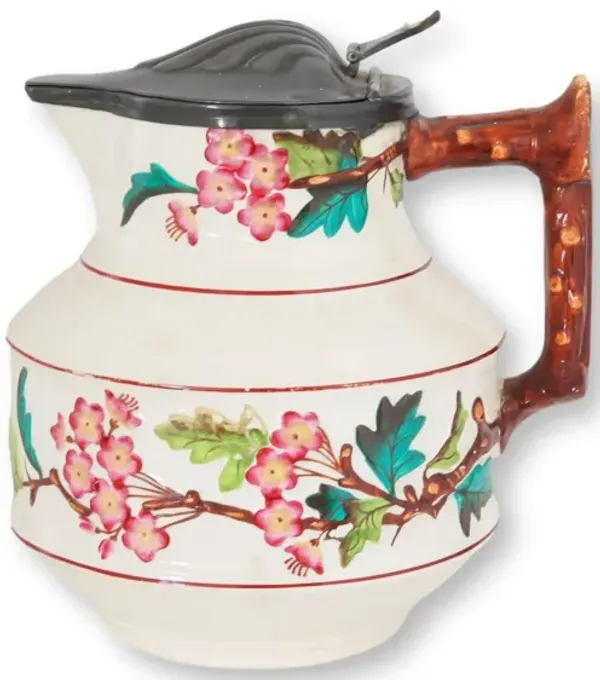 English Majolica Jug with Pewter Lid - Rose Victoria - pink