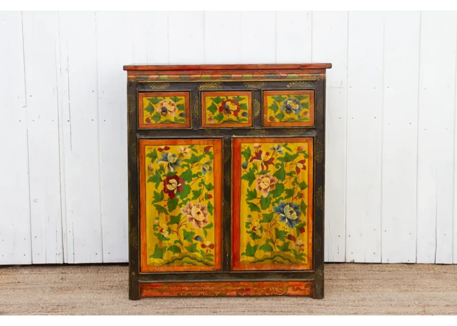 Antique Floral Tibetan Tall Cabinet