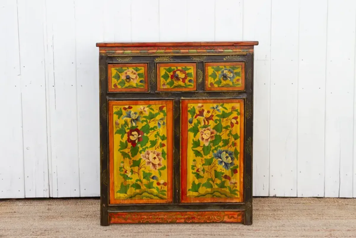 Antique Floral Tibetan Tall Cabinet