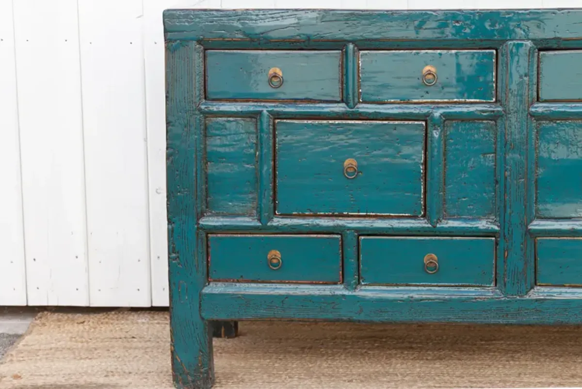 Long Blue Lacquered 10-Drawer Dresser - Handcrafted