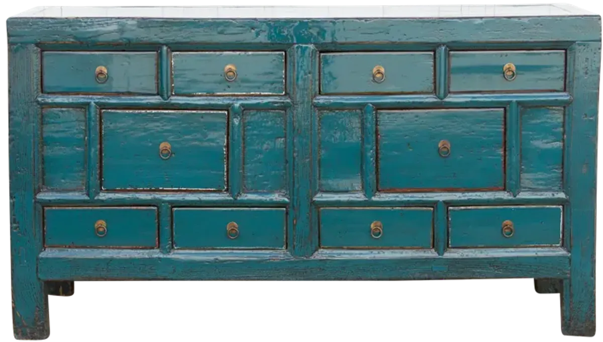 Long Blue Lacquered 10-Drawer Dresser - Handcrafted