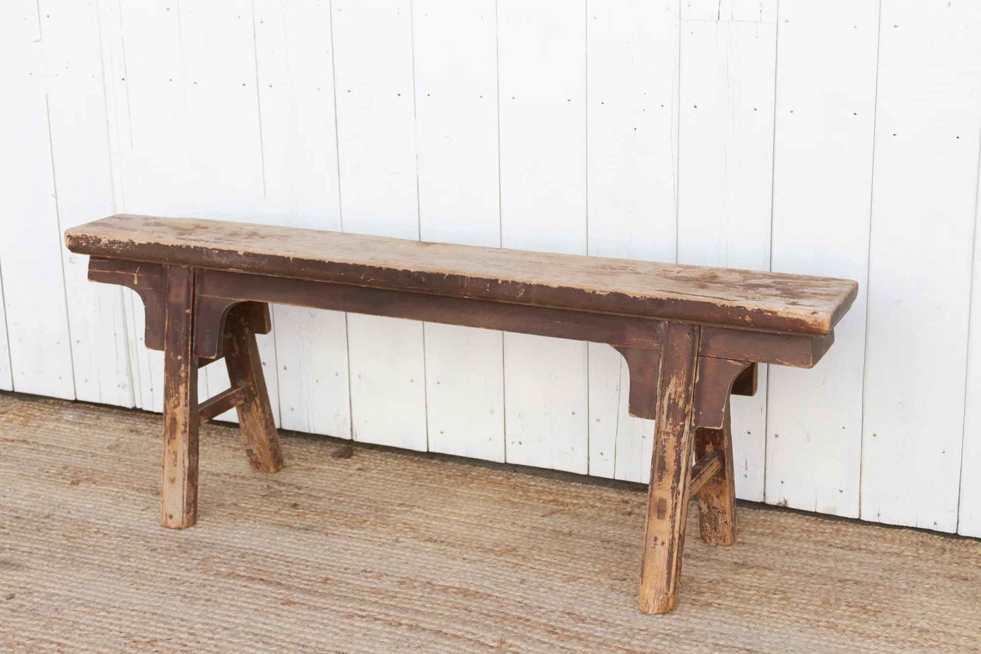 Vintage Chinese Painted Antique Slim Bench - Brown