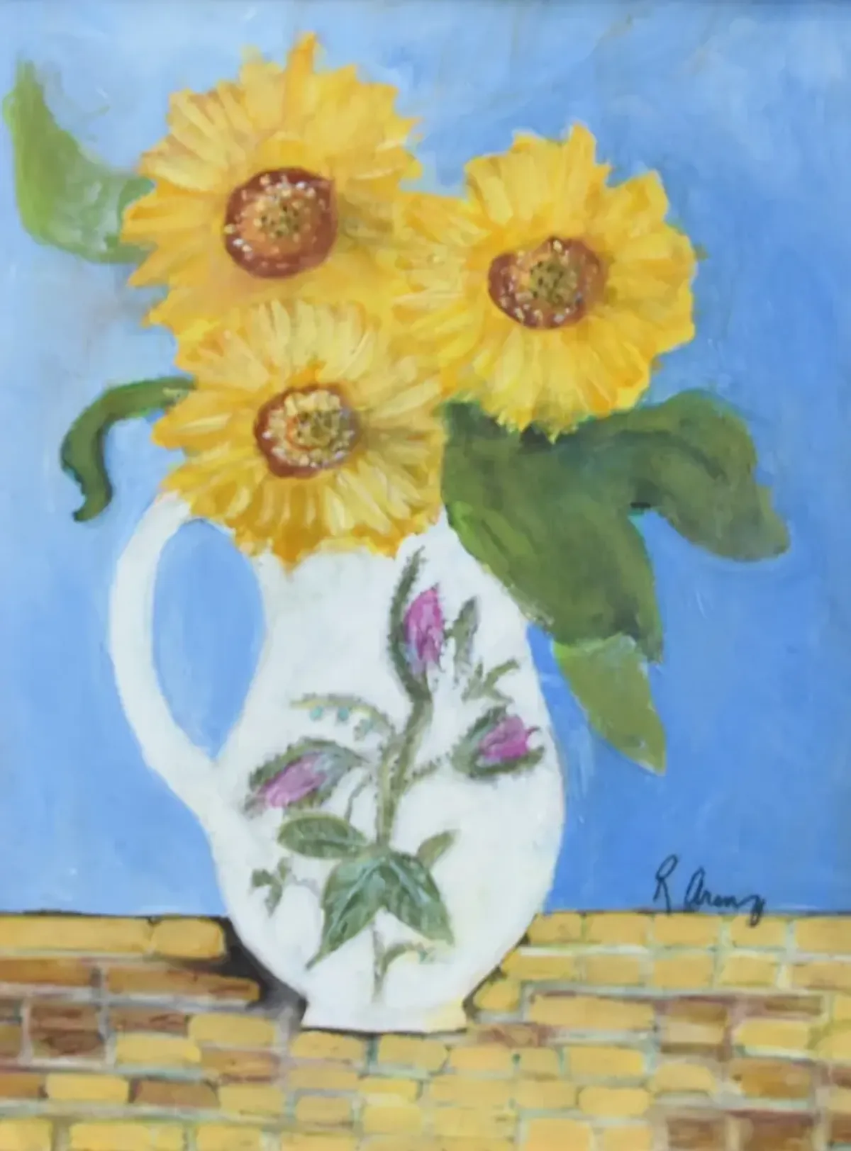 Yellow Sunflowers Floral Oil Painting - Blue