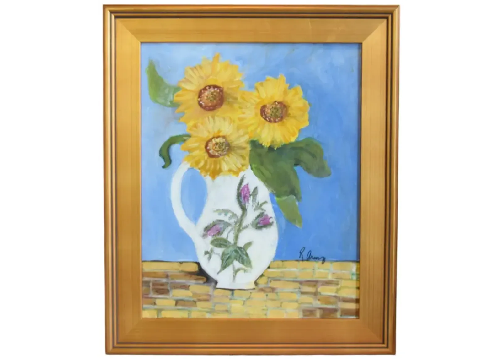 Yellow Sunflowers Floral Oil Painting - Blue