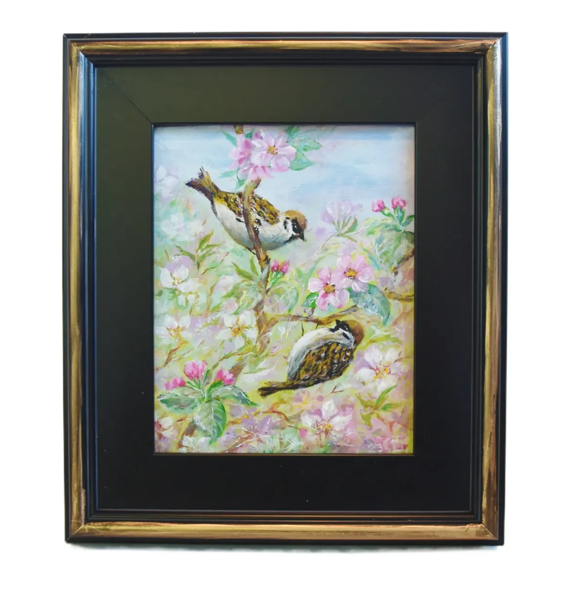 Birds & Pink Blossom Landscape Painting