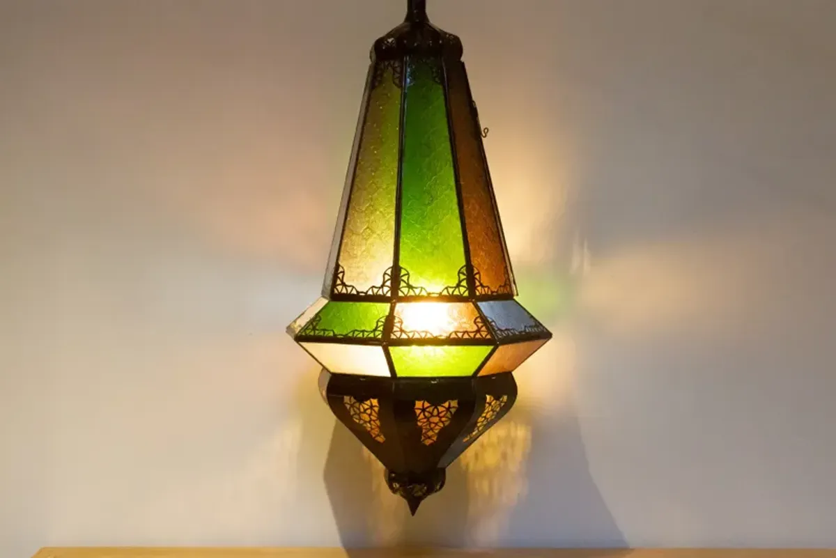 Large Etched Glass Multi-Color Lantern - Handcrafted