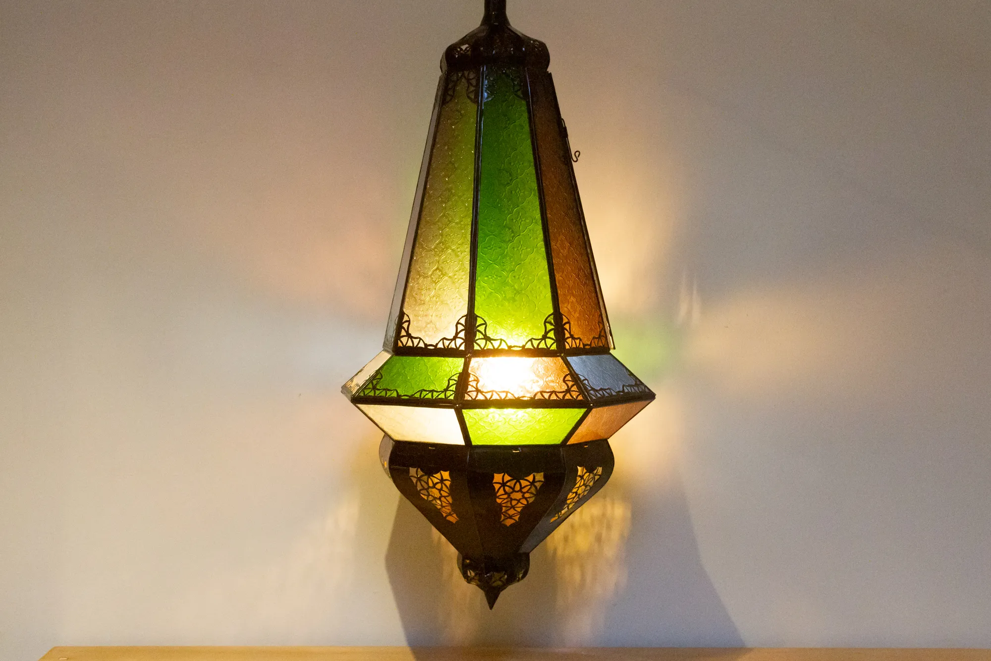 Large Etched Glass Multi-Color Lantern - Handcrafted