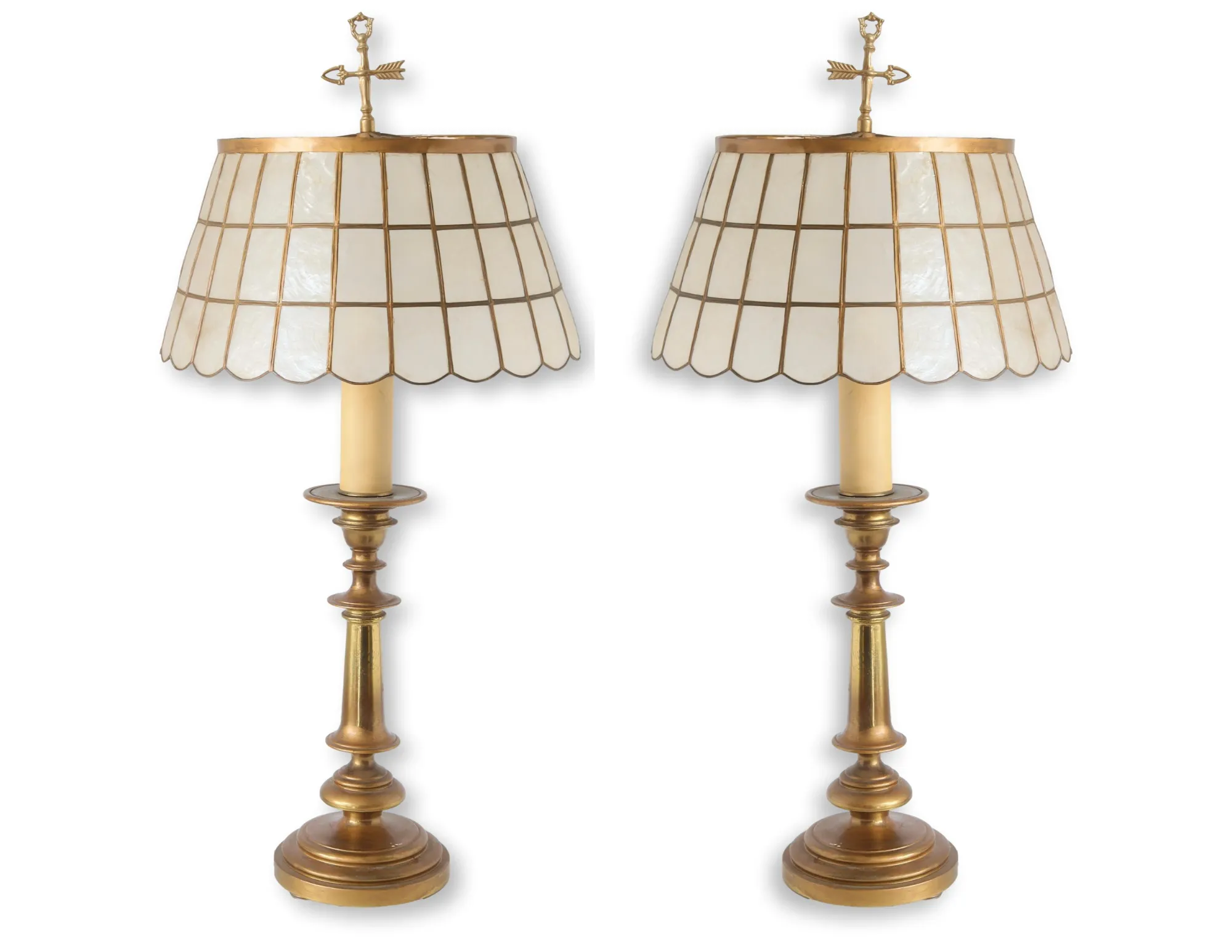 Midcentury Brass Lamps with Capiz Shades