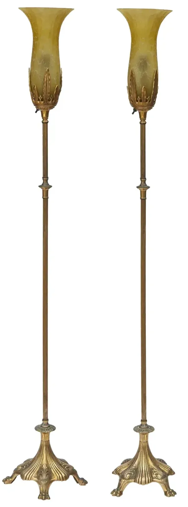 Gilt Bronze Torchiere Floor Lamp/Shades - Fleur de Lex Antiques