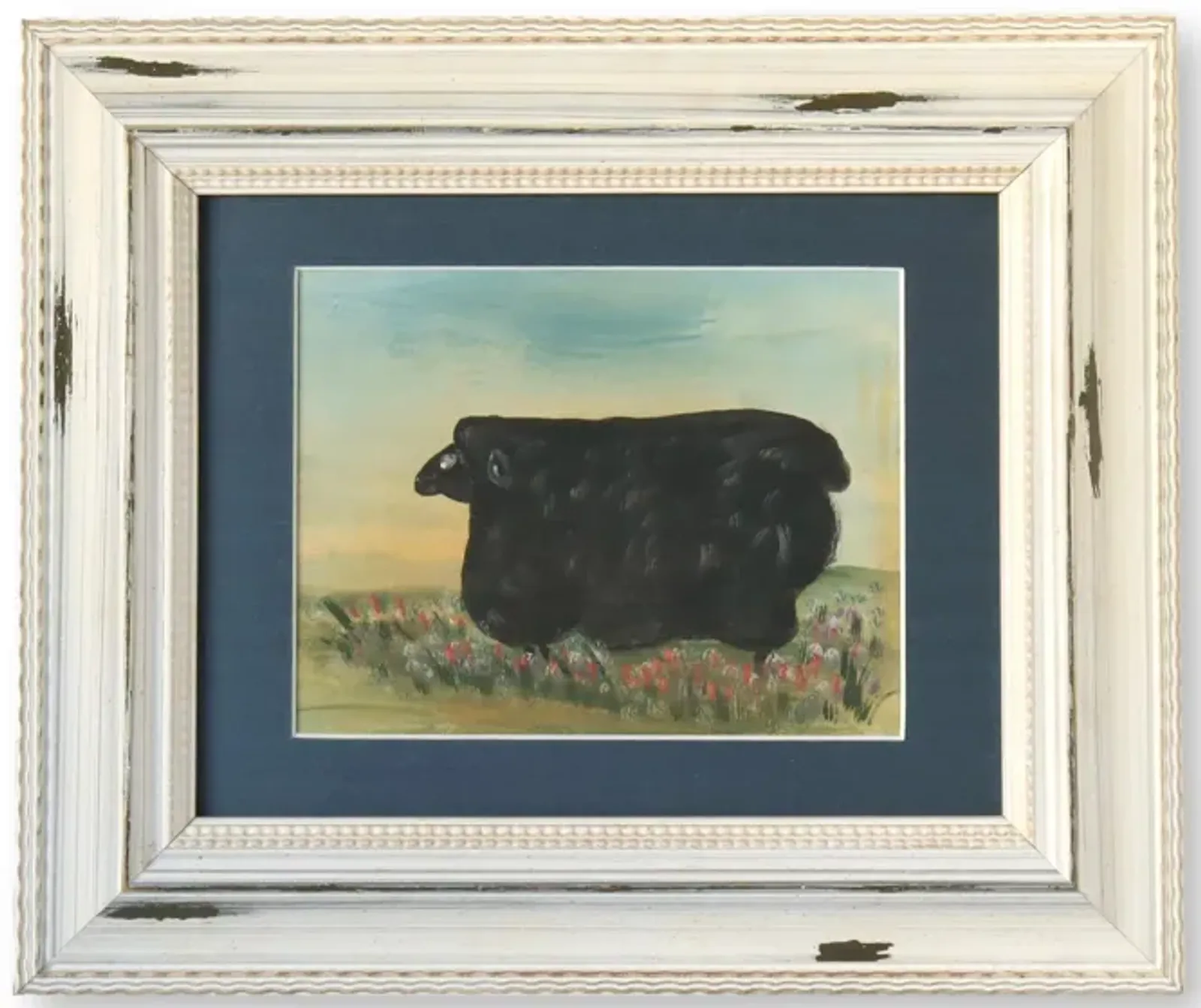 Midcentury Folk Art Sheep Watercolor