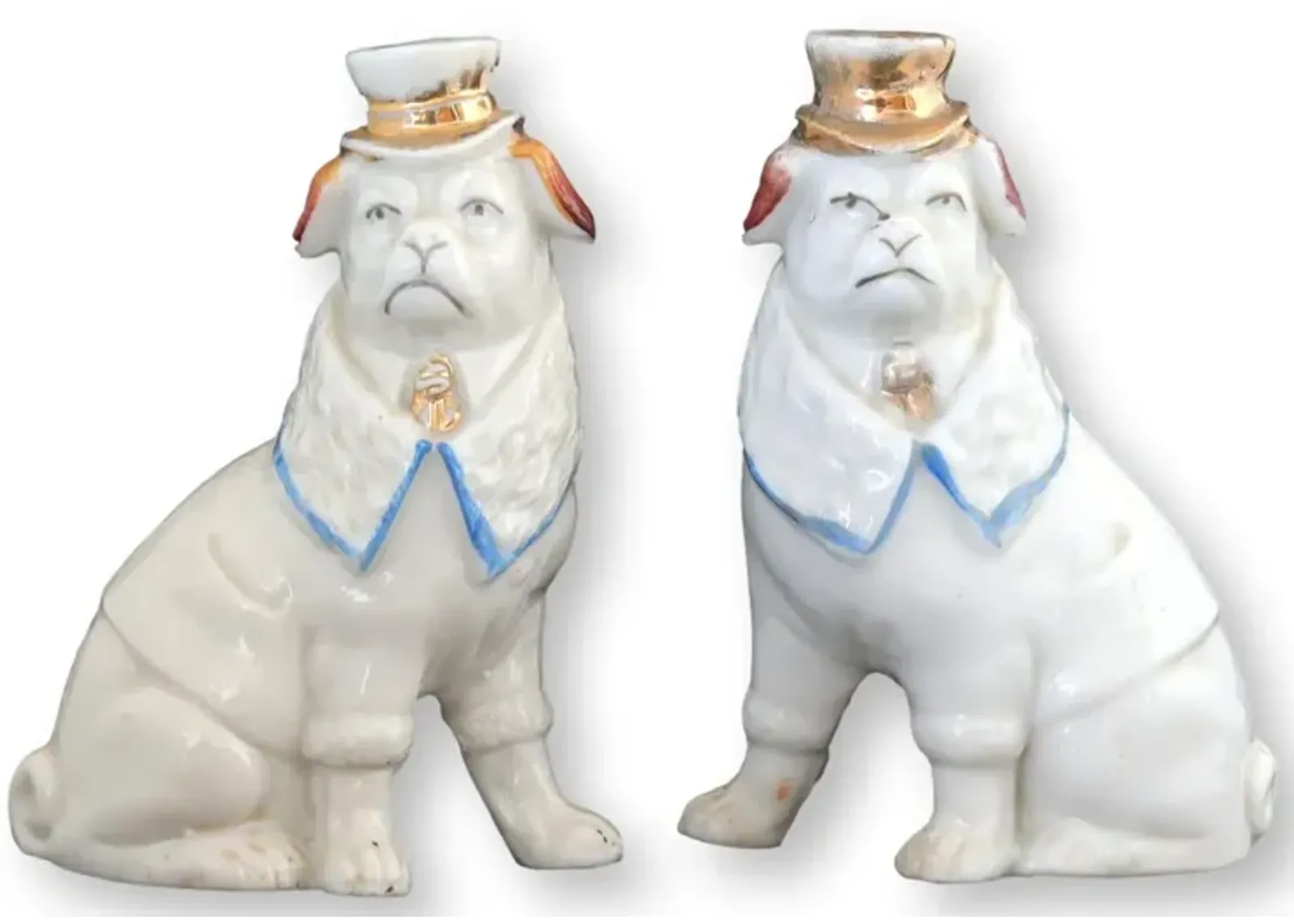 Antique German Porcelain Pugs w/Top Hats