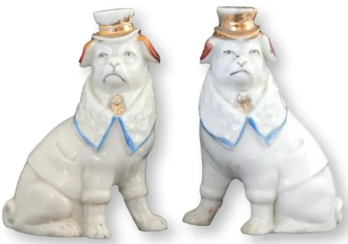 Antique German Porcelain Pugs w/Top Hats