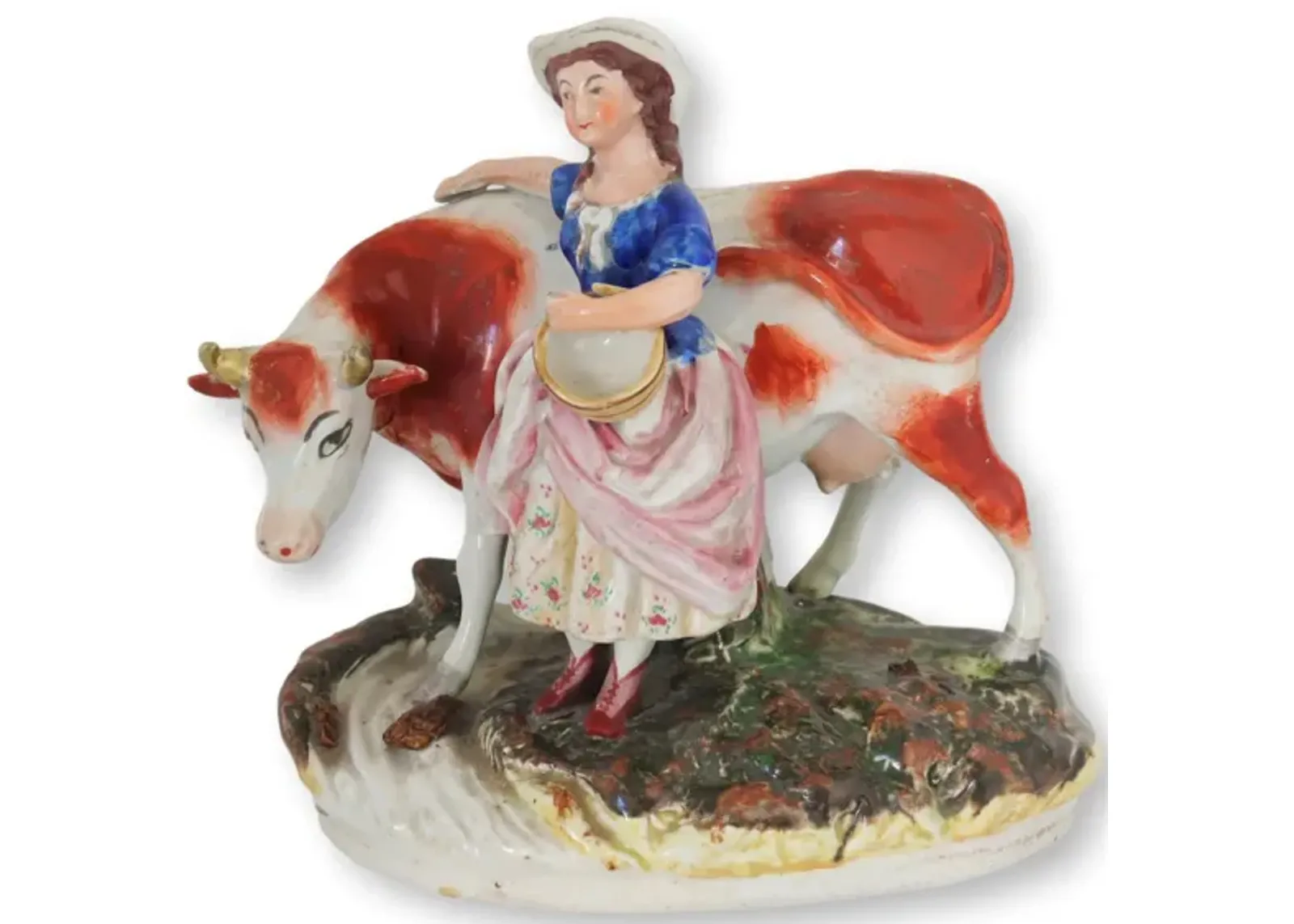 Antique English Staffordshire Girl w/Cow