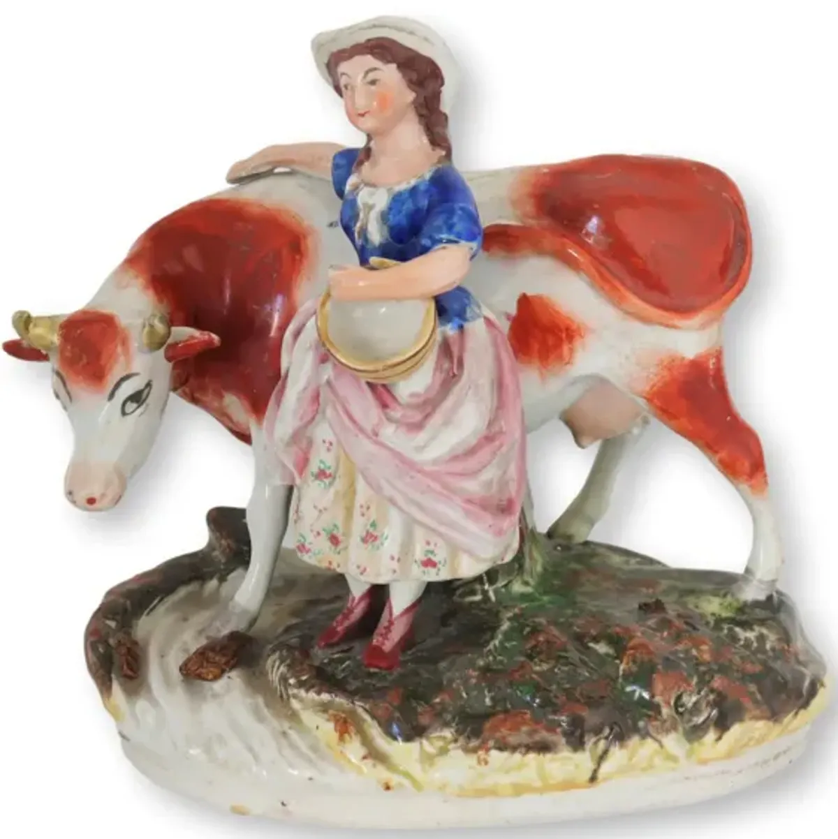 Antique English Staffordshire Girl w/Cow