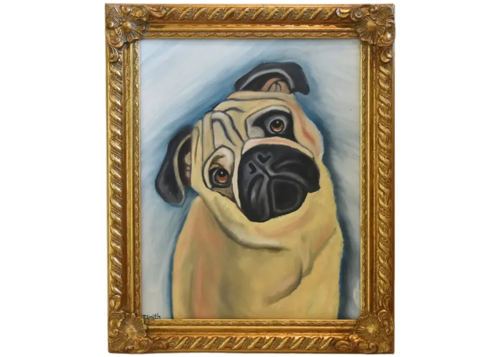 Fawn Pug Dog Pet Portrait Oil Painting - Gray