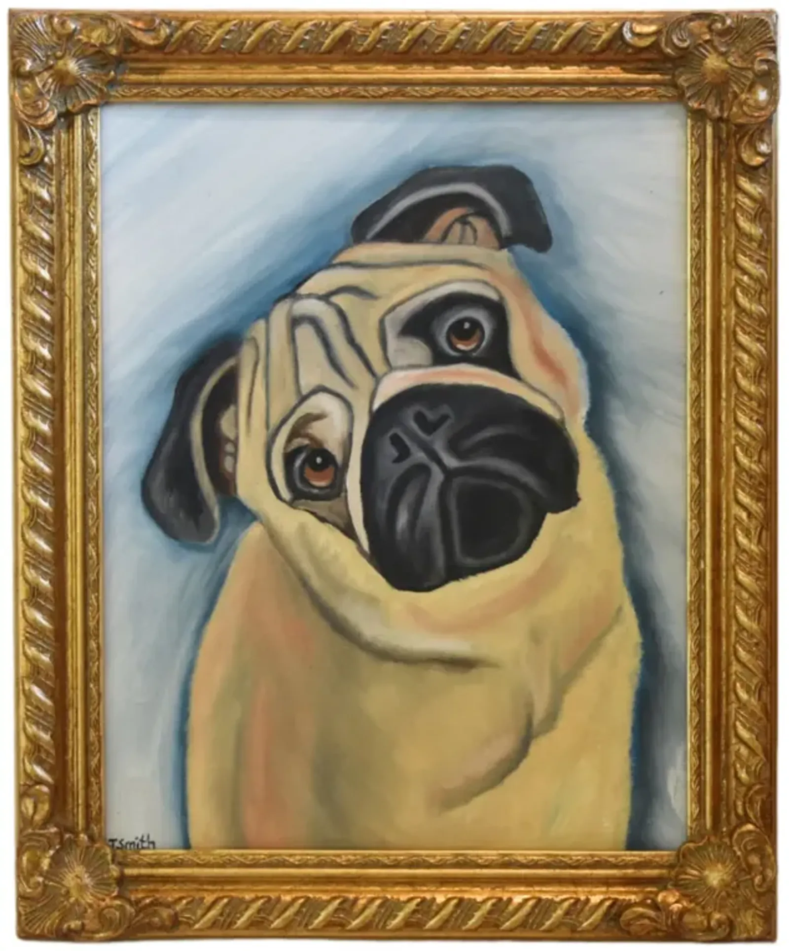 Fawn Pug Dog Pet Portrait Oil Painting - Gray