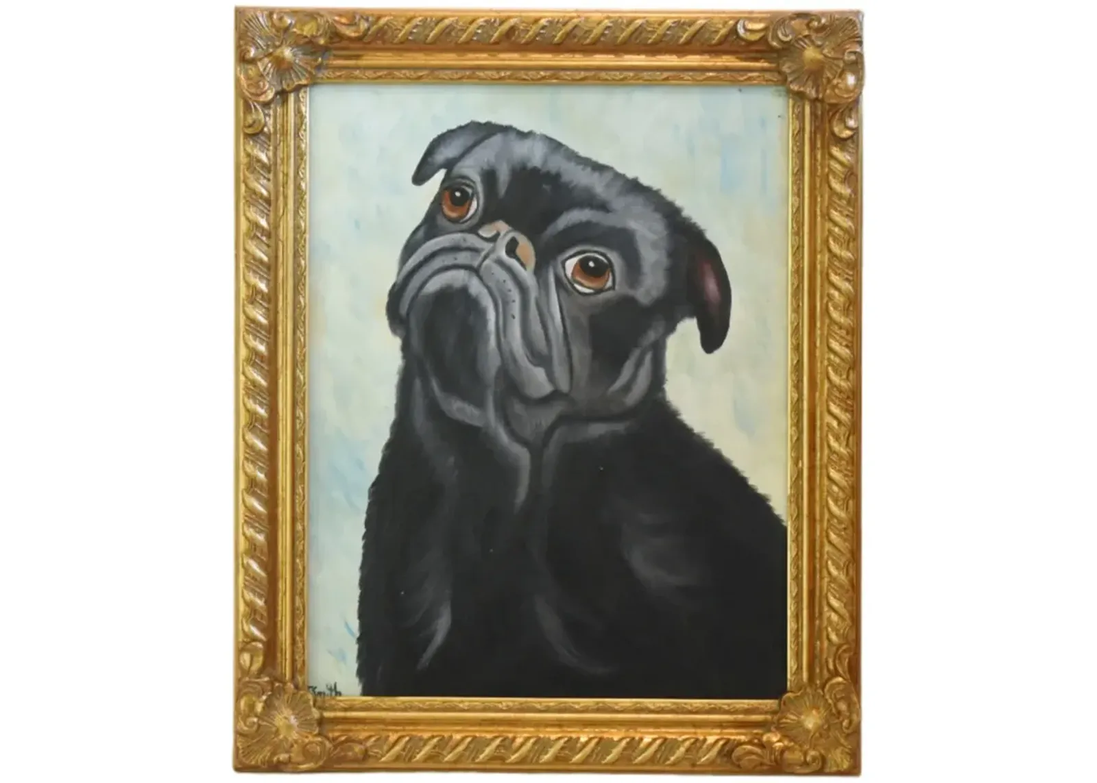 Black Pug Dog Pet Portrait Oil Painting