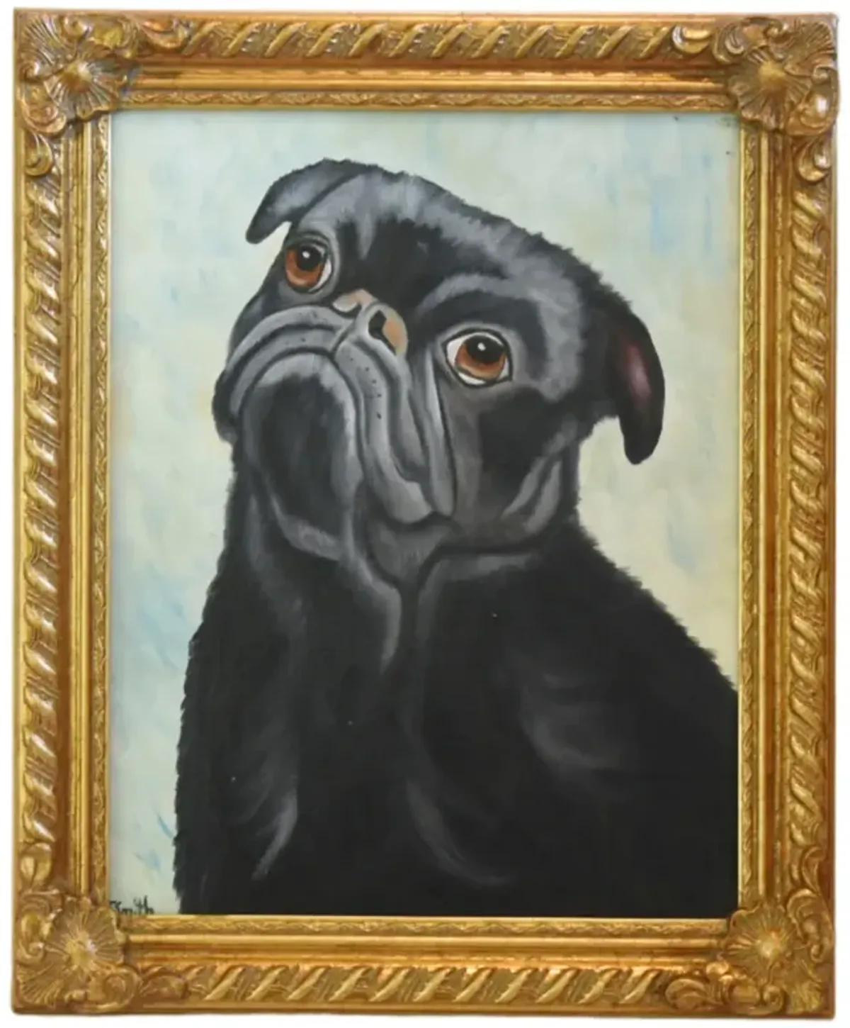 Black Pug Dog Pet Portrait Oil Painting