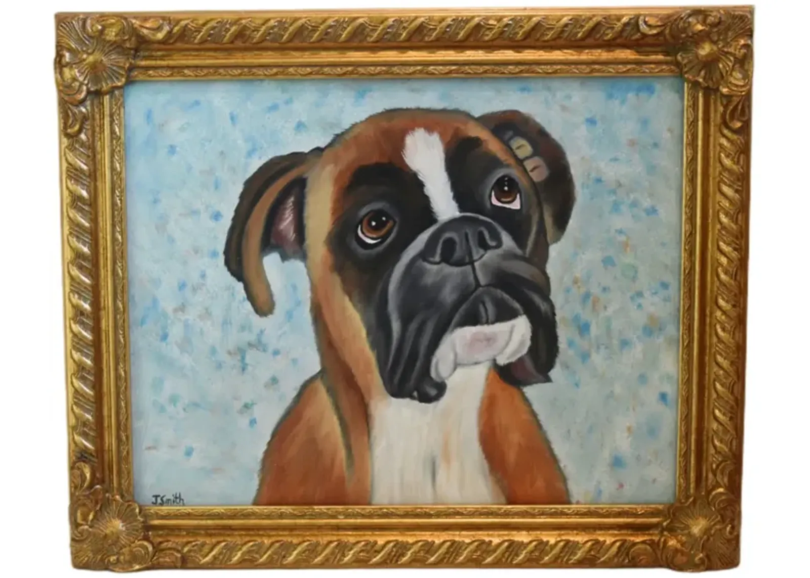 Fawn Pug Dog Pet Portrait Oil Painting - Blue