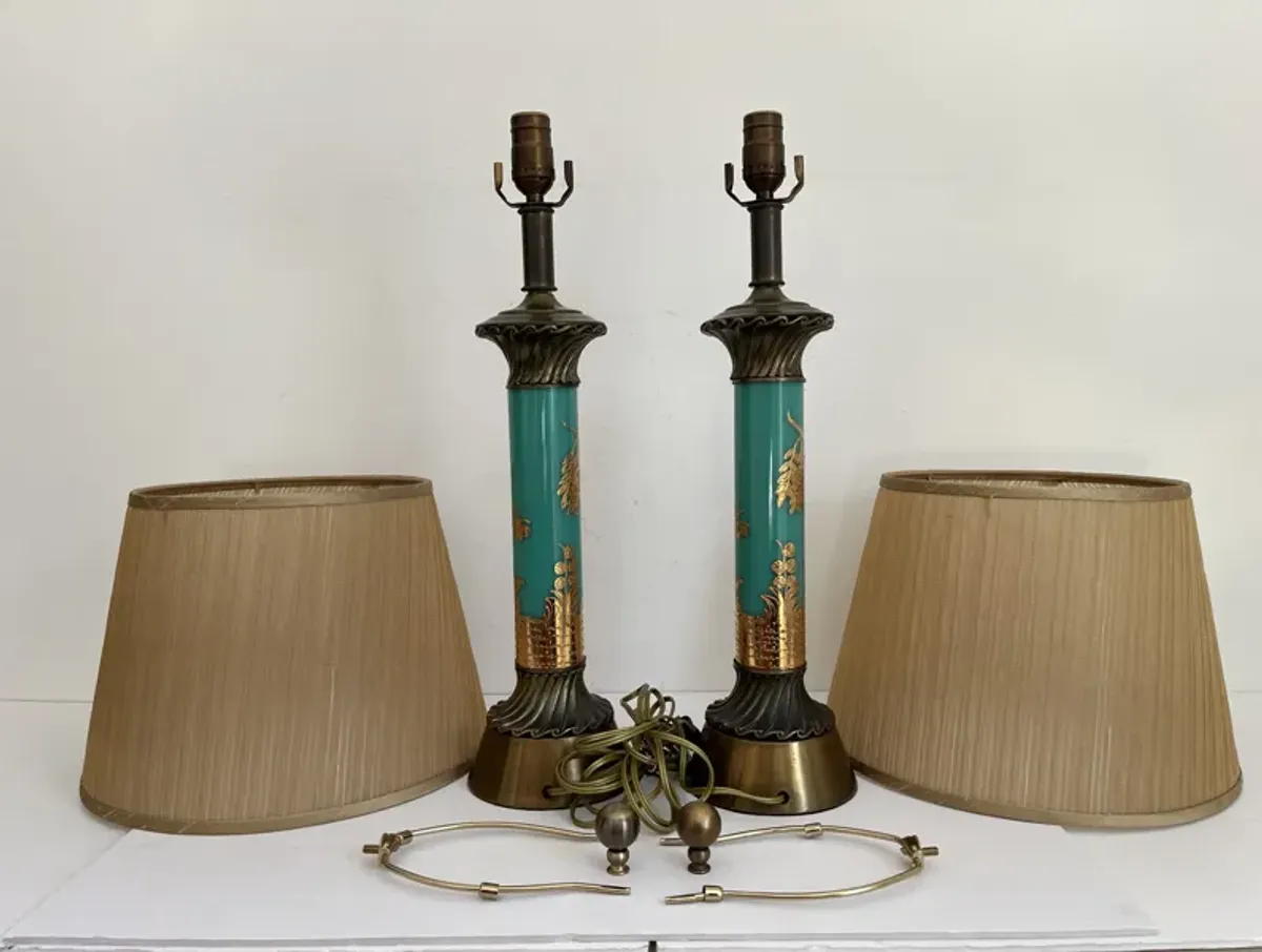 Turquoise Chinoiserie Lamps w/Shades - Green