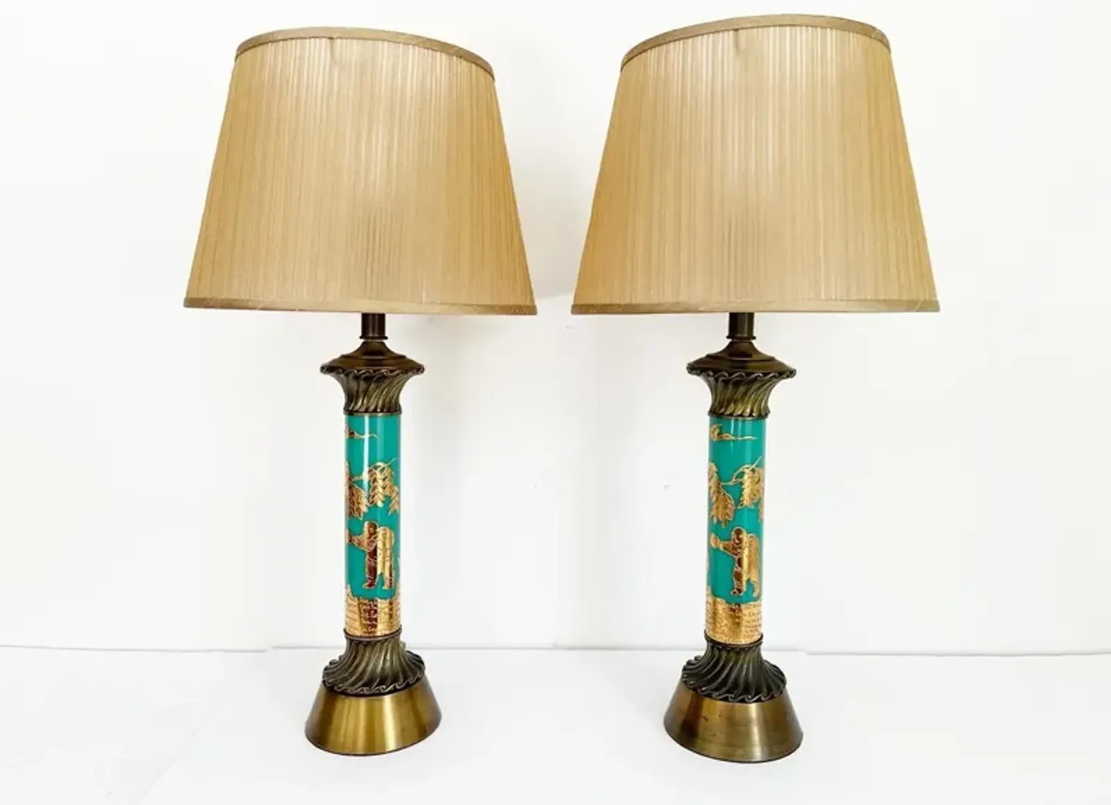 Turquoise Chinoiserie Lamps w/Shades - Green