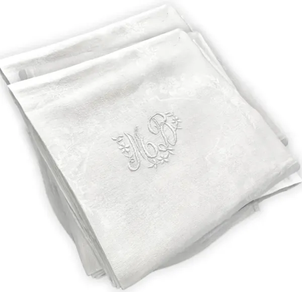 Antique 88" French Ivory "MB" Tablecloth By Rose Victoria - White