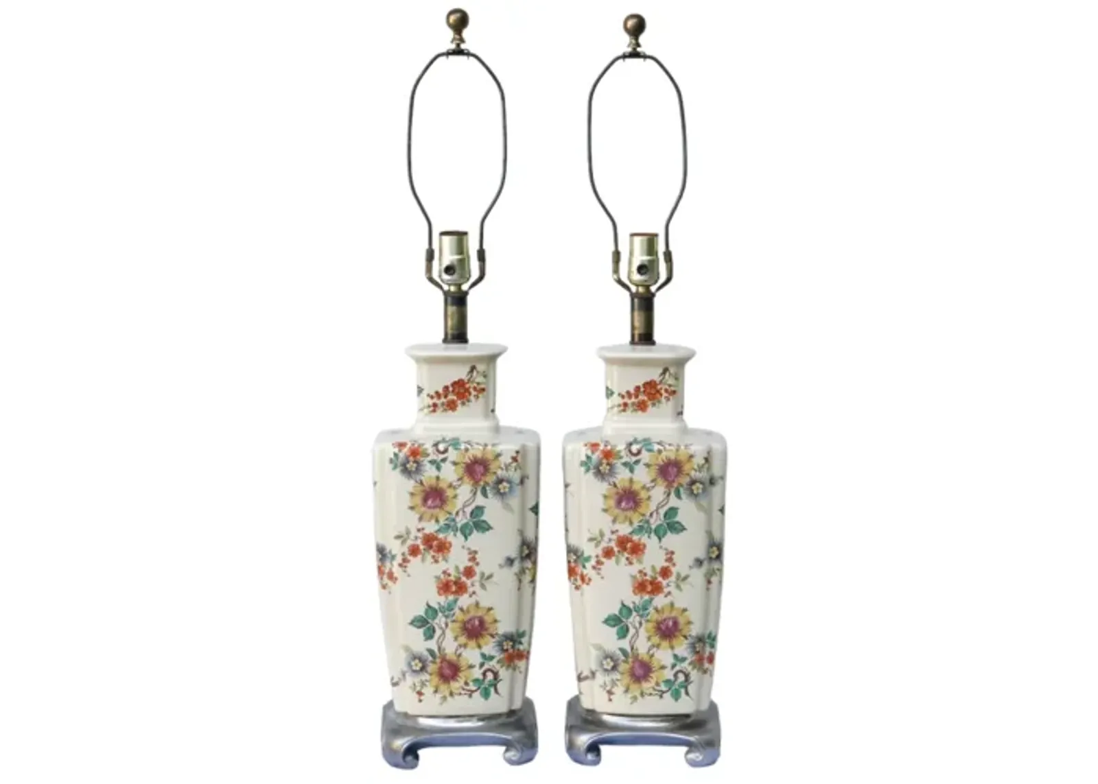 Ming Floral Ceramic Table Lamps - a Pair