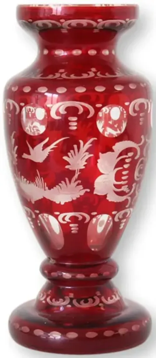 Bohemian Cut Crystal Red Vase - Rose Victoria