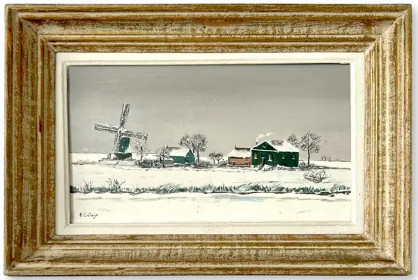 1971 Dutch Snow Scene Oil on Canvas - Rose Victoria - White