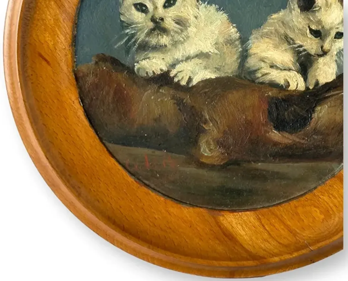 French Oil on Board w/Kittens