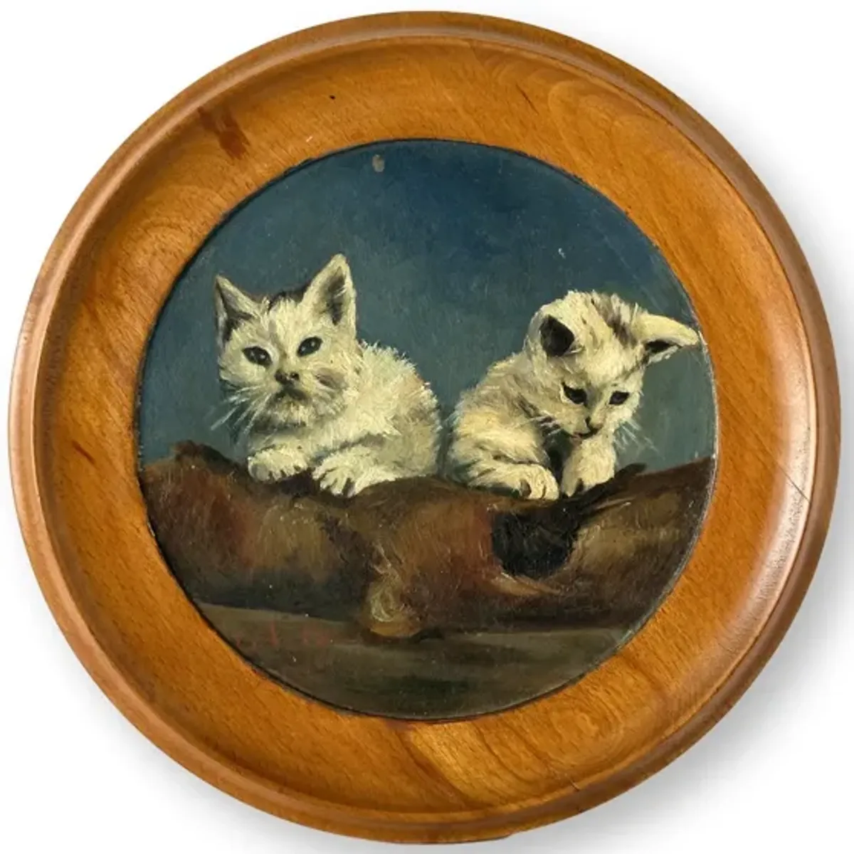 French Oil on Board w/Kittens