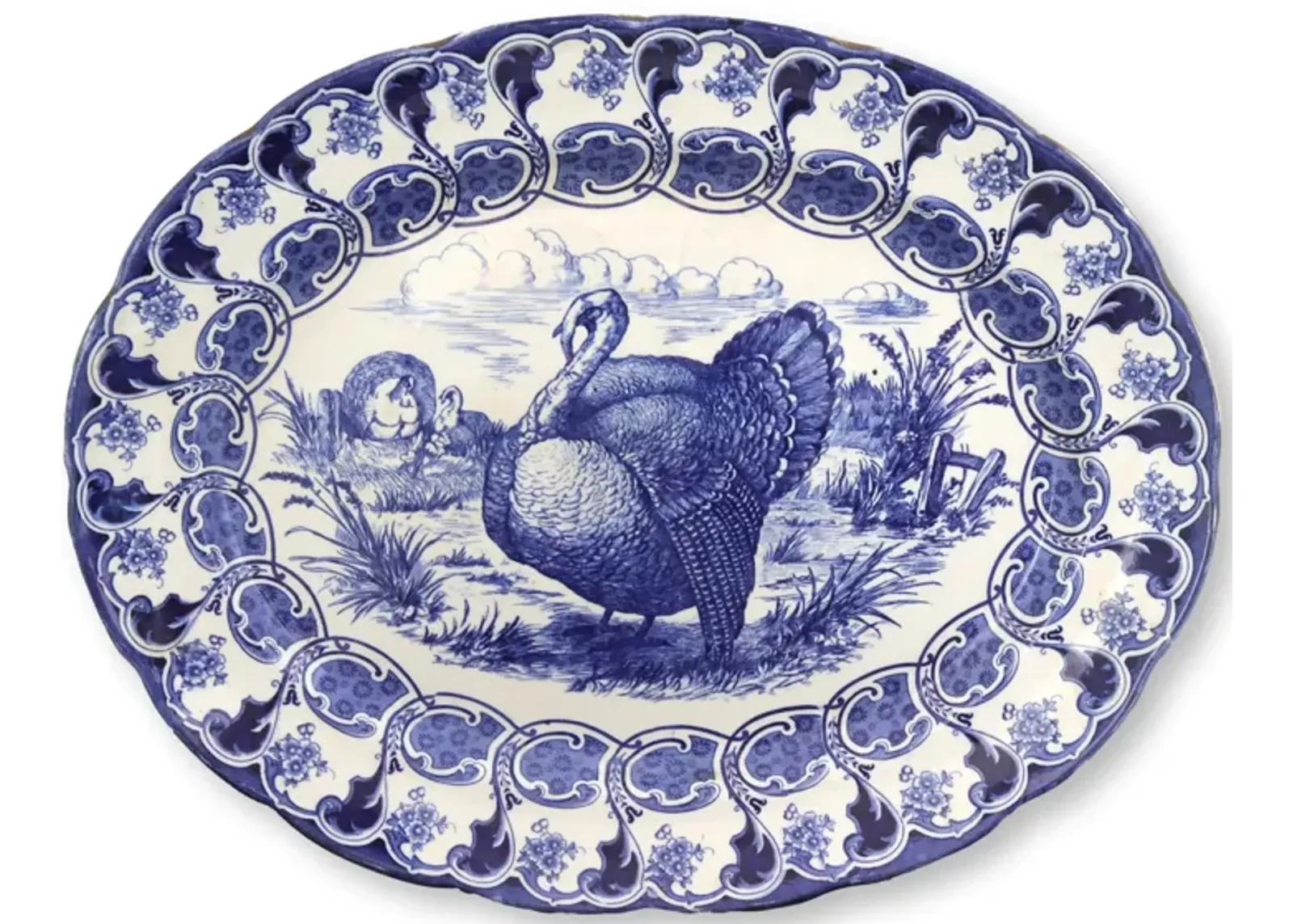 Flow Blue Transferware Turkey Platter