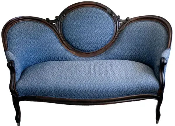 Victorian Ebonized Walnut Sofa in Blue - Fleur de Lex Antiques - Handcrafted